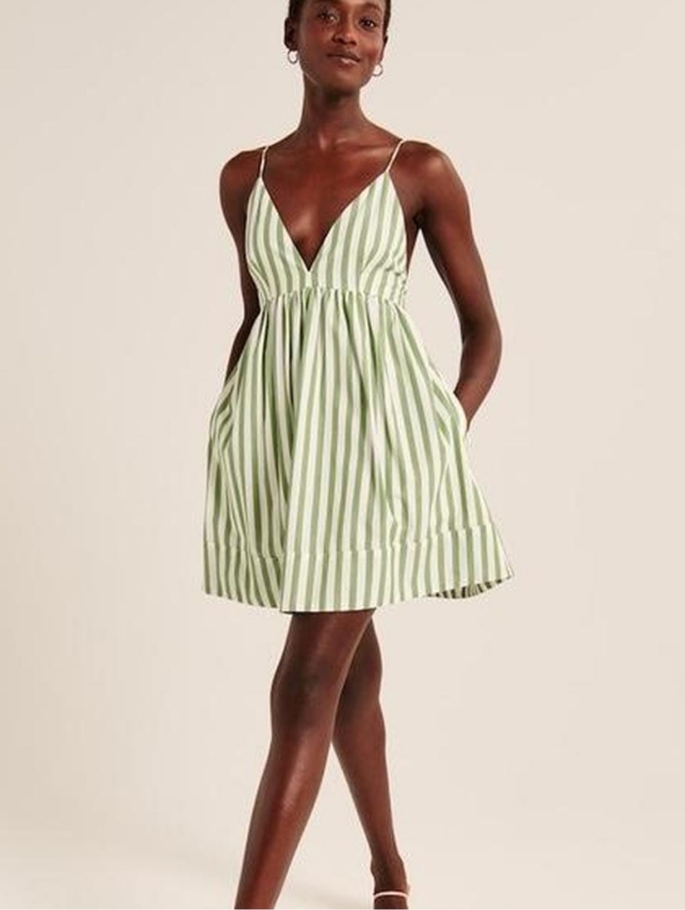 Abercrombie & Fitch Light Green White Striped V-Neck Mini Babydoll Fress Sz S